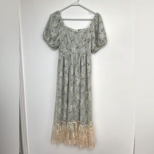 Cottagecore Whimsy Green Forest Fairy Lace Puff Sleeve Romantic Flowy Maxi Dress
